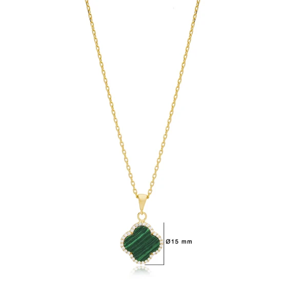 Clover Malachite With CZ 925 Sterling Silver Necklace | 925 Sterling Silver Wholesale | Sade Silver Clover Malachite With CZ 925 Sterling Silver Necklace - Sade 925 Silver Jewelry