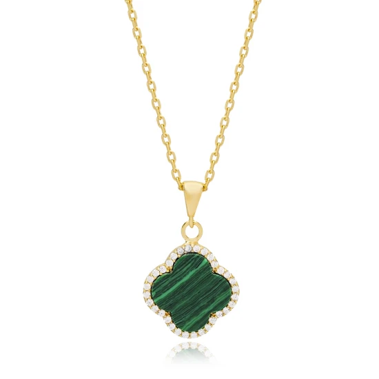 Clover Malachite With CZ 925 Sterling Silver Necklace | 925 Sterling Silver Wholesale | Sade Silver Clover Malachite With CZ 925 Sterling Silver Necklace - Sade 925 Silver Jewelry