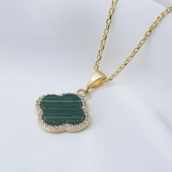 Clover Malachite With CZ 925 Sterling Silver Necklace | 925 Sterling Silver Wholesale | Sade Silver Clover Malachite With CZ 925 Sterling Silver Necklace - Sade 925 Silver Jewelry