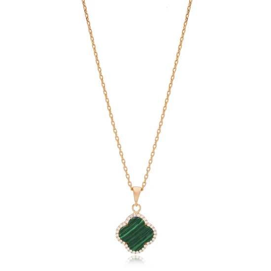 Clover Malachite With CZ 925 Sterling Silver Necklace | 925 Sterling Silver Wholesale | Sade Silver Clover Malachite With CZ 925 Sterling Silver Necklace - Sade 925 Silver Jewelry