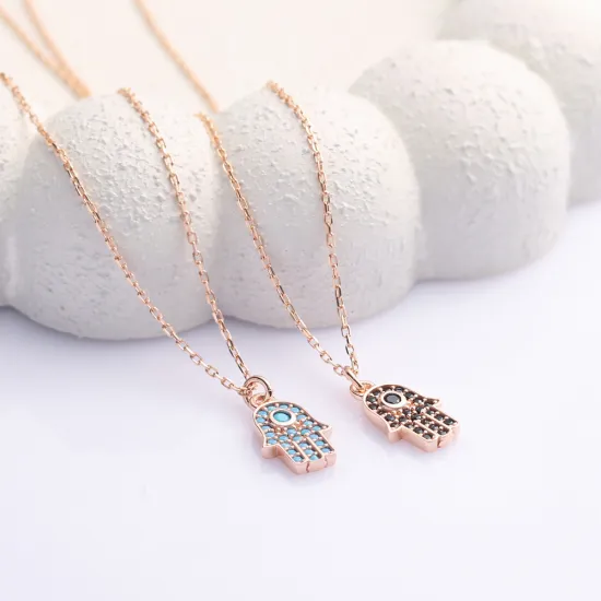 Black CZ Stone Hamsa Charm Silver Necklace Black CZ Stone Hamsa Charm Silver Necklace