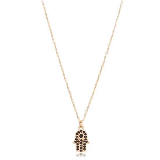 Black CZ Stone Hamsa Charm Silver Necklace Black CZ Stone Hamsa Charm Silver Necklace