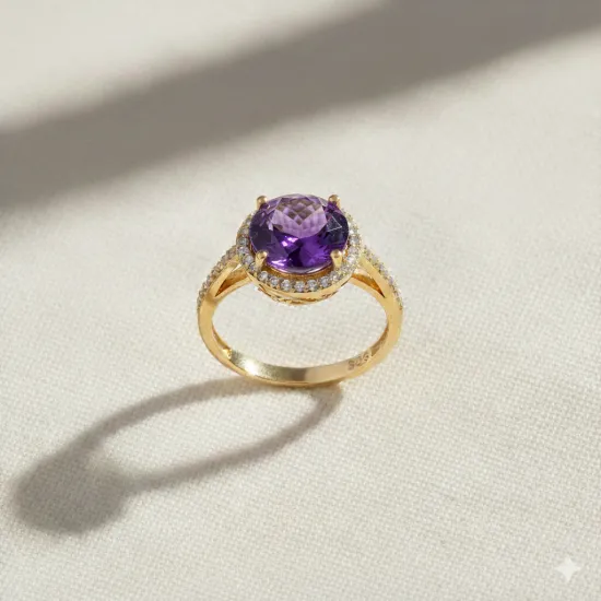 Round Amethyst CZ Cluster Sterling Silver Ring