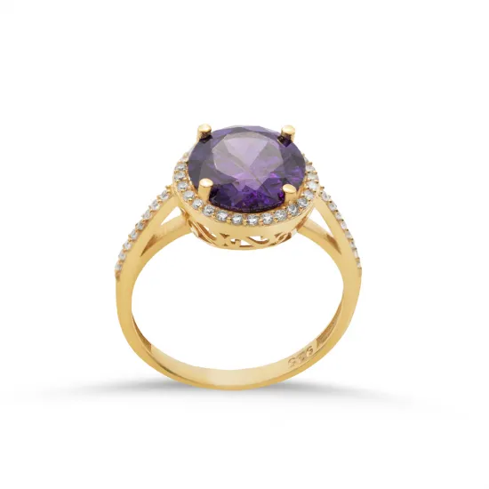Round Amethyst CZ Cluster Sterling Silver Ring