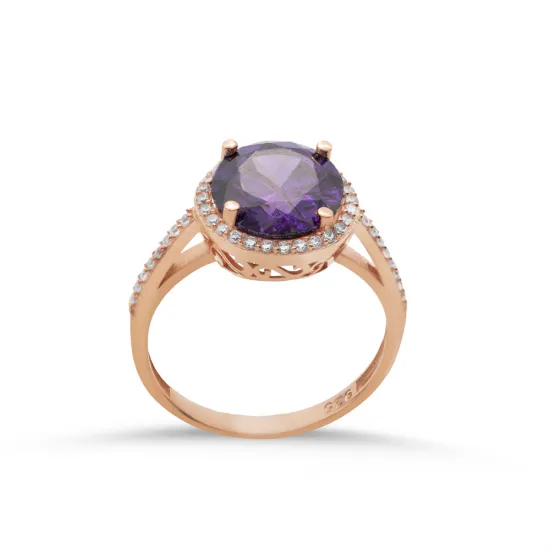 Round Amethyst CZ Cluster Sterling Silver Ring