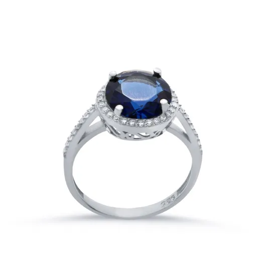 Round Sapphire CZ Cluster Sterling Silver Ring