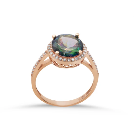 Round Mystic Topaz CZ Cluster Sterling Silver Ring