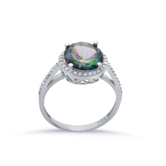 Round Mystic Topaz CZ Cluster Sterling Silver Ring