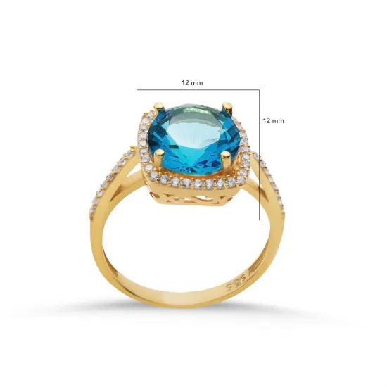 Square Shape Round Aquamarine 925 Sterling Silver Ring