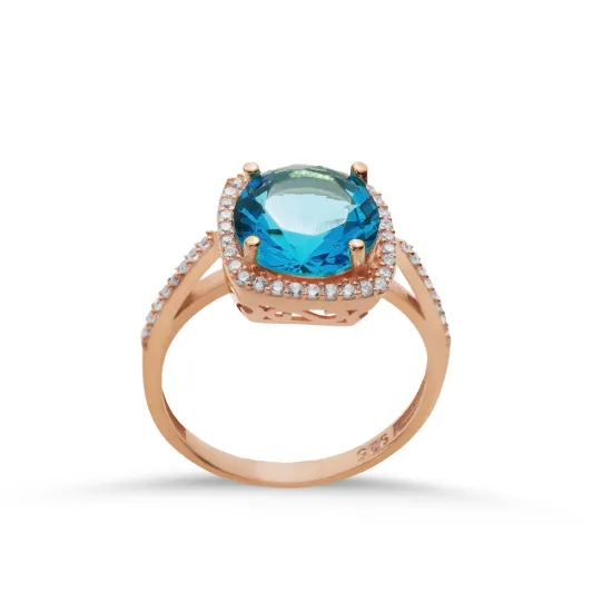 Square Shape Round Aquamarine 925 Sterling Silver Ring