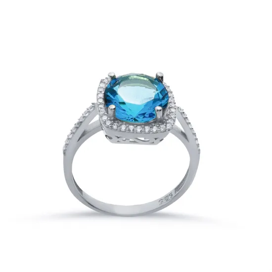 Square Shape Round Aquamarine 925 Sterling Silver Ring