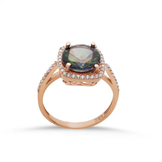 Square Shape Round Mystic Topaz Sterling Silver Ring