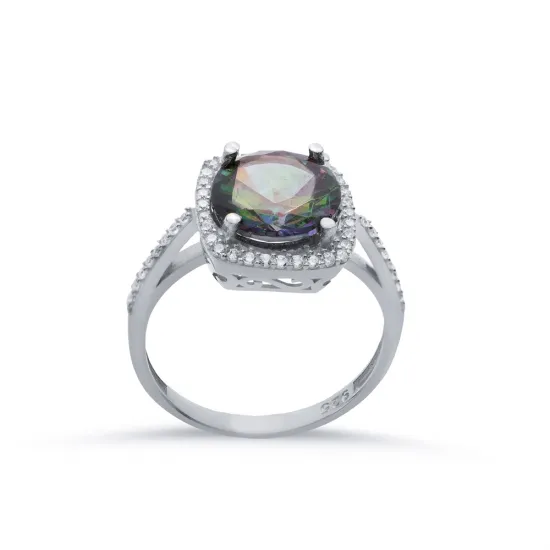 Square Shape Round Mystic Topaz Sterling Silver Ring