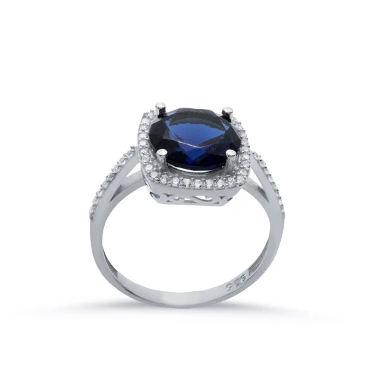Square Shape Round Sapphire 925 Sterling Silver Ring Square Shape Round Sapphire 925 Sterling Silver Ring