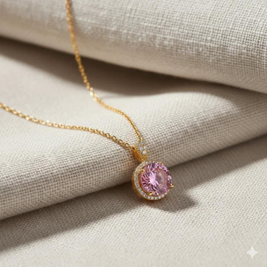 Round Pink CZ 925 Sterling Silver Necklace