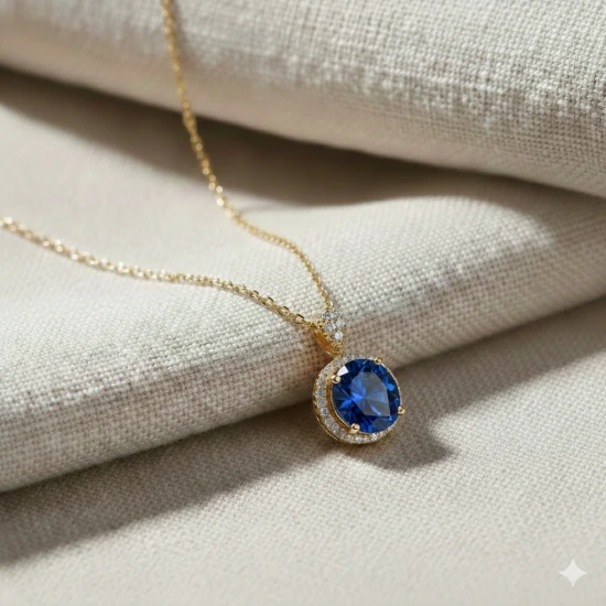Round Sapphire CZ 925 Sterling Silver Necklace Round Sapphire CZ 925 Sterling Silver Necklace