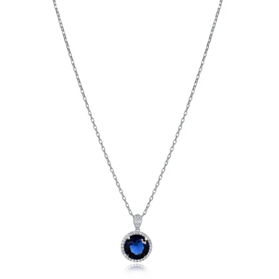 Round Sapphire CZ 925 Sterling Silver Necklace Round Sapphire CZ 925 Sterling Silver Necklace