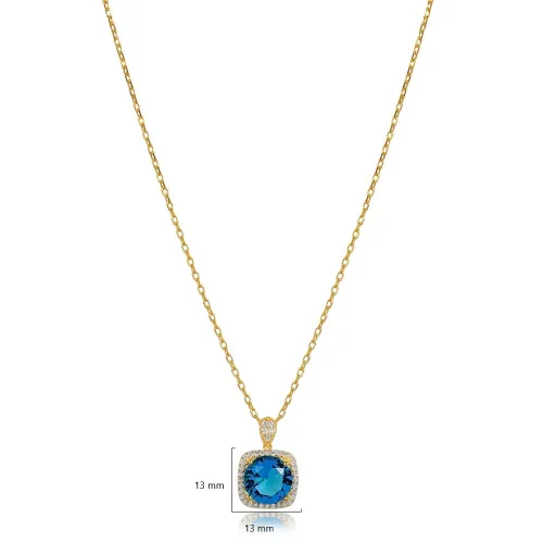 Square Shape Round Aquamarine Charm Necklace Square Shape Round Aquamarine Charm Necklace