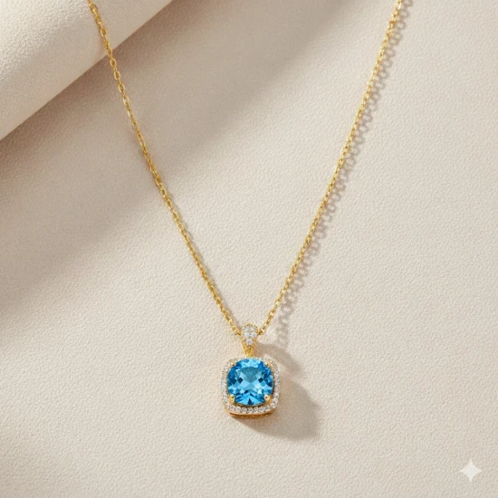 Square Shape Round Aquamarine Sterling Silver Necklace Square Shape Round Aquamarine Sterling Silver Necklace