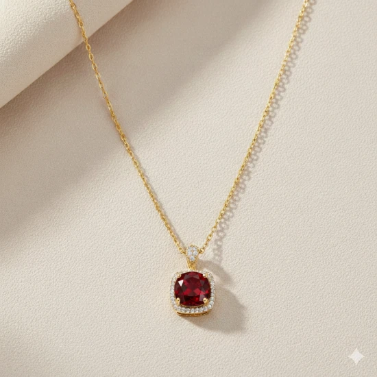 Square Shape Round Garnet CZ Sterling Silver Necklace Square Shape Round Garnet CZ Sterling Silver Necklace