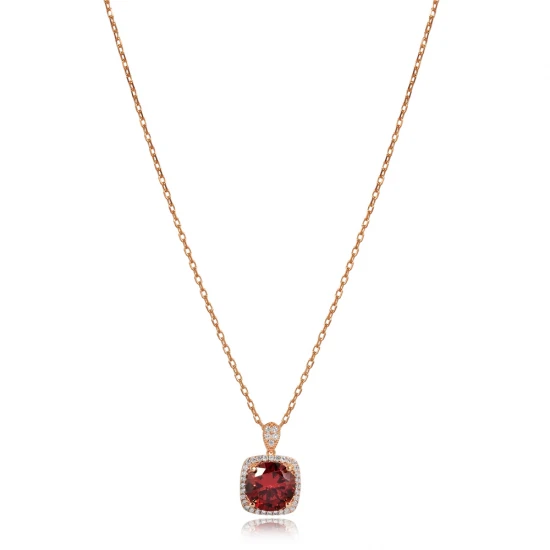 Square Shape Round Garnet CZ Sterling Silver Necklace Square Shape Round Garnet CZ Sterling Silver Necklace