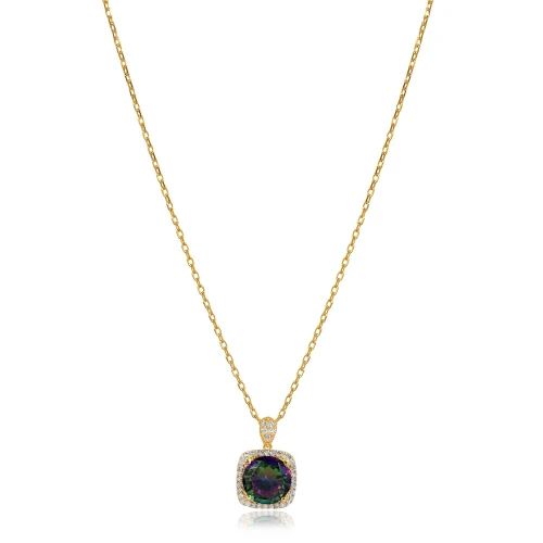 Square Shape Round Mystic Topaz 925 Silver Necklace