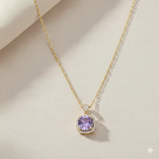 Square Shape Round Light Purple 925 Silver Necklace