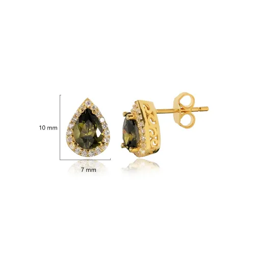 Pear Design Peridot CZ Stone Stud Earring Pear Design Peridot CZ Stone Stud Earring