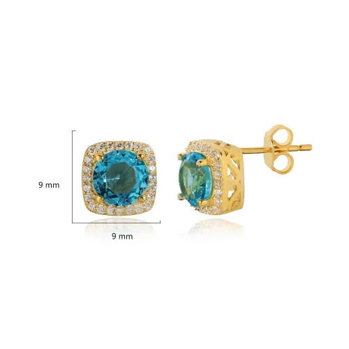 Square Shape Round Aquamarine CZ Stud Earring Square Shape Round Aquamarine CZ Stud Earring