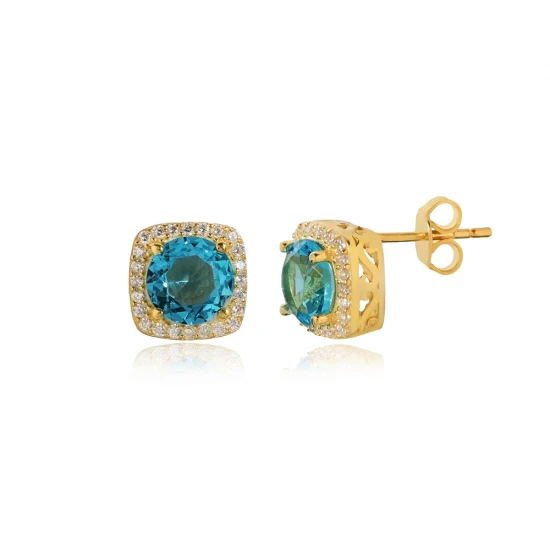 Square Shape Round Aquamarine CZ 925 Silver Earrings Square Shape Round Aquamarine CZ 925 Silver Earrings