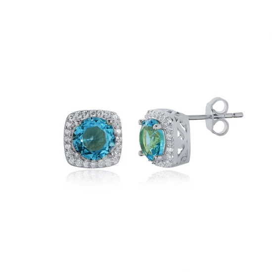 Square Shape Round Aquamarine CZ 925 Silver Earrings Square Shape Round Aquamarine CZ 925 Silver Earrings