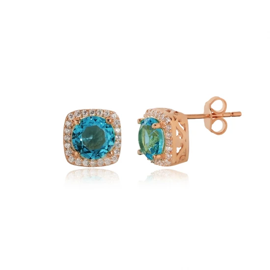 Square Shape Round Aquamarine CZ 925 Silver Earrings Square Shape Round Aquamarine CZ 925 Silver Earrings