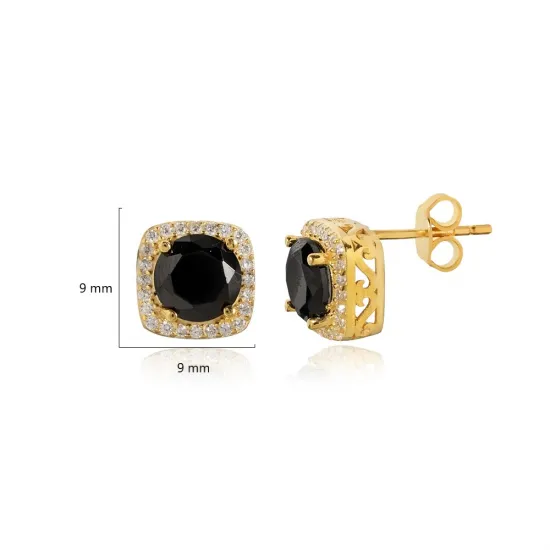 Square Shape Round Black CZ Sterling Silver Earrings