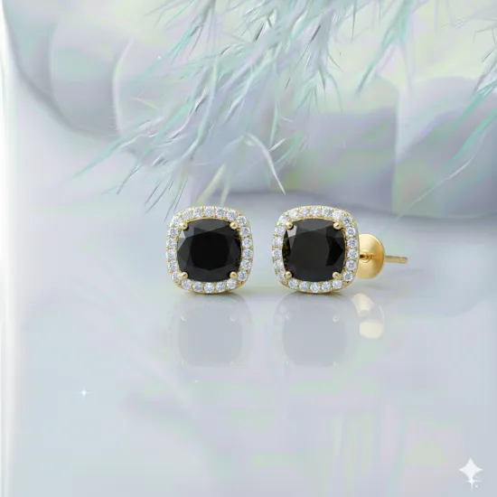 Square Shape Round Black CZ Sterling Silver Earrings