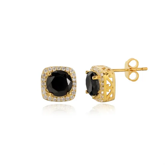 Square Shape Round Black CZ Sterling Silver Earrings