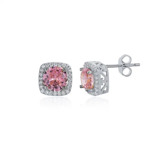 Square Shape Round Pink CZ 925 Sterling Silver Earrings Square Shape Round Pink CZ 925 Sterling Silver Earrings