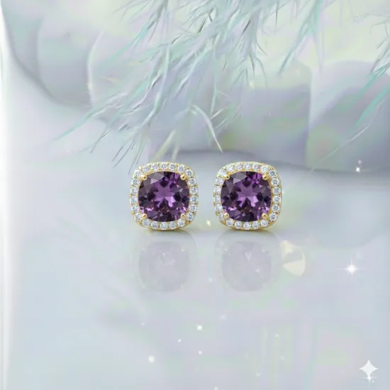 Square Shape Round Amethyst CZ Stud Earring Square Shape Round Amethyst CZ Stud Earring