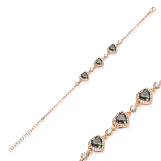 Triple Heart Mystic Topaz CZ Sterling Silver Bracelet | 925 Sterling Silver Wholesale | Sade Silver Triple Heart Mystic Topaz CZ Sterling Silver Bracelet - Sade 925 Silver Jewelry