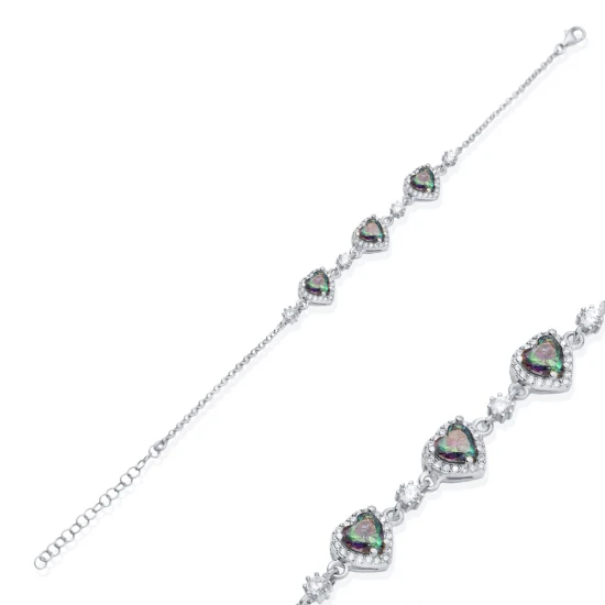 Triple Heart Mystic Topaz CZ Sterling Silver Bracelet | 925 Sterling Silver Wholesale | Sade Silver Triple Heart Mystic Topaz CZ Sterling Silver Bracelet - Sade 925 Silver Jewelry