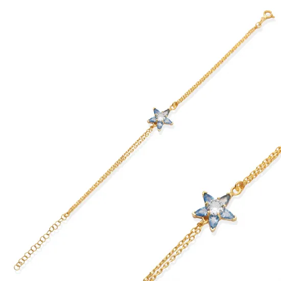 Sapphire Flower Design CZ  Charm Bracelet