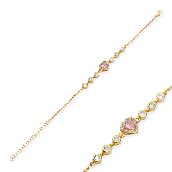 Heart Design Pink CZ Stone Charm Bracelet Heart Design Pink CZ Stone Charm Bracelet