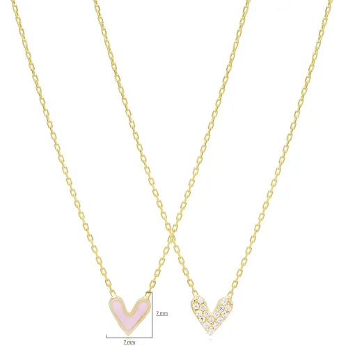 Pink Enamel Heart Double Sided CZ 925 Silver Necklace Pink Enamel Heart Double Sided CZ 925 Silver Necklace