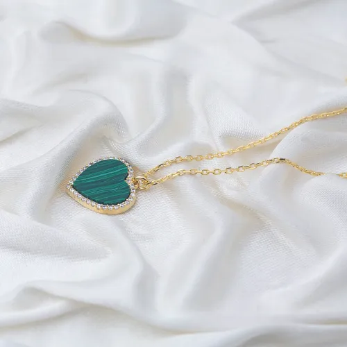 Malachite Heart Zircon Stone Charm Necklace Wholesale Turkish 925 Sterling Silver Jewelry