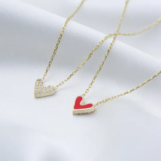 Heart Double Sided Red Enamel CZ 925 Silver Necklace Heart Double Sided Red Enamel CZ 925 Silver Necklace