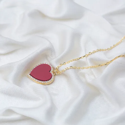 Red Stone Heart Zircon Stone Charm Necklace Turkish Handcrafted Wholesale 925 Sterling Silver Jewelry