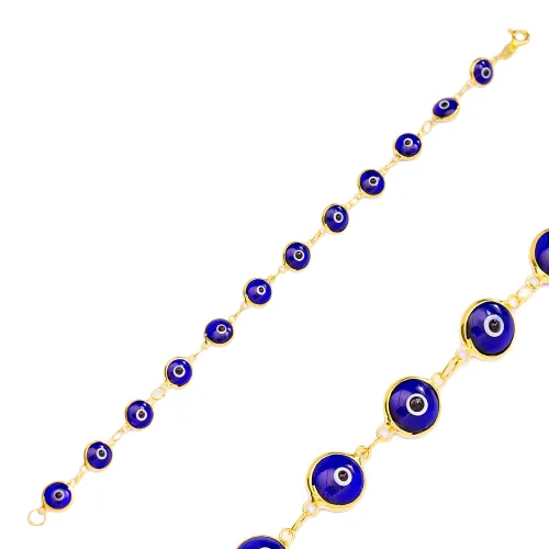 8mm Sized Navy Blue Evil Eye Thin 925 Silver Bracelet