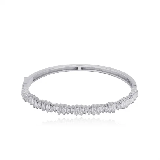 6X5 Cm Oval Single Row Baguette CZ Woman Silver Bangle