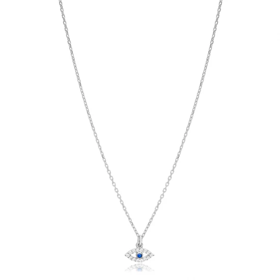 Sapphire CZ Evil Eye Sterling Silver Necklace | 925 Sterling Silver Wholesale | Sade Silver Sapphire CZ Evil Eye Sterling Silver Necklace - Sade 925 Silver Jewelry