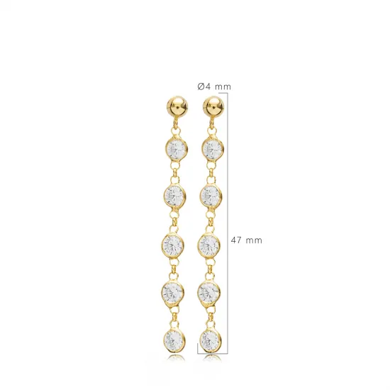 Dainty CZ Round Shape Stud Long Earrings