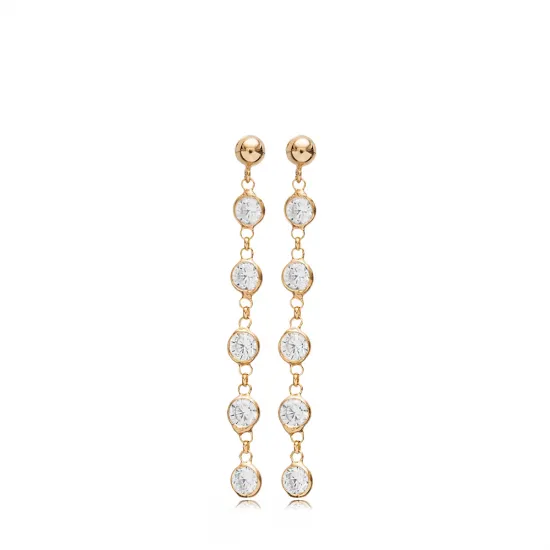 Dainty CZ Round Shape Stud Long Earrings